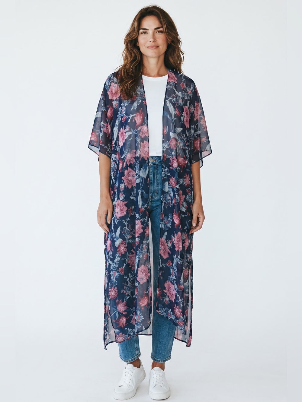 Band of Gypsies Floral Sheer Chiffon Kimono Duster
Cardigan One Size Black Pink